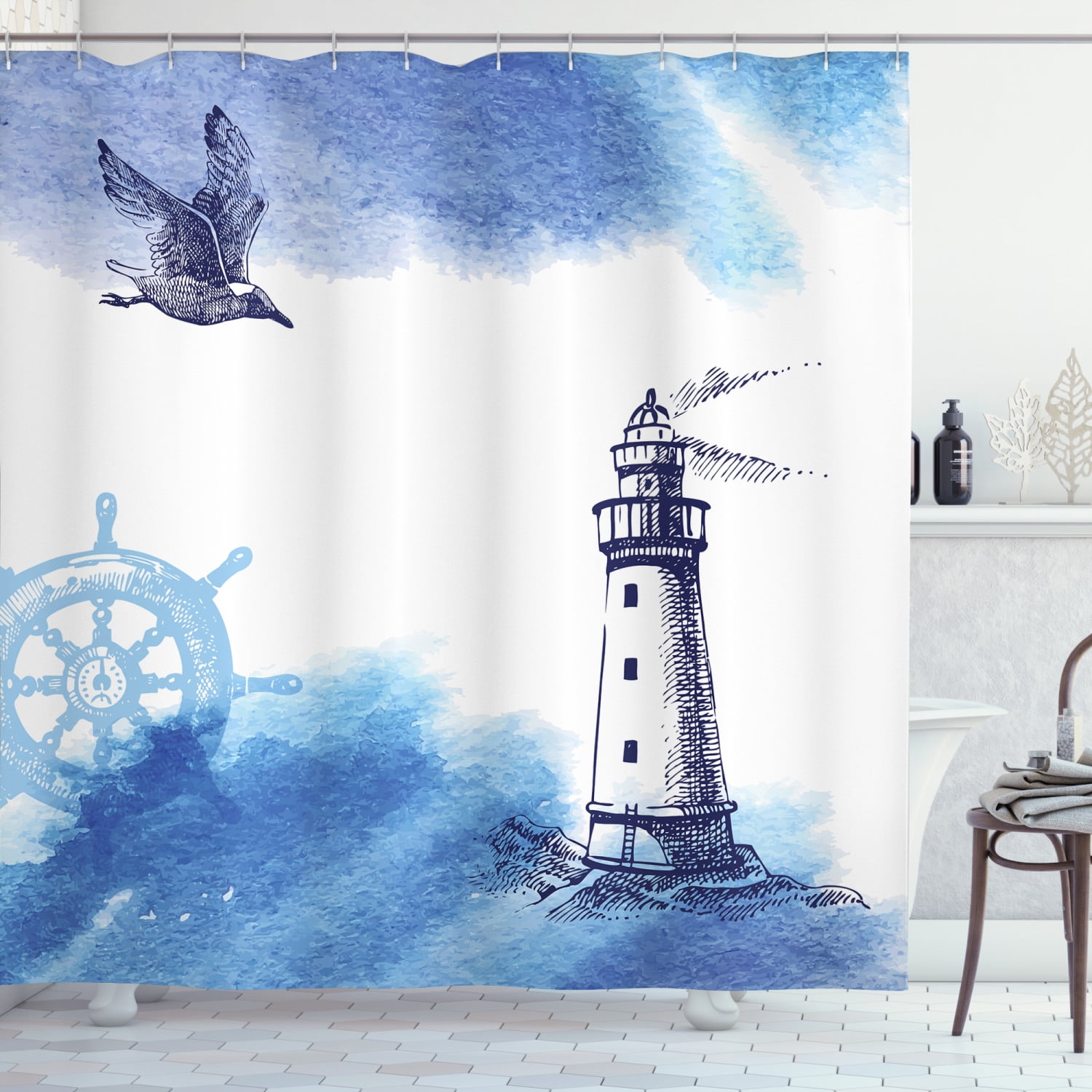 Lighthouse Shower Curtain, Nostalgic Watercolors with Gull Ancient