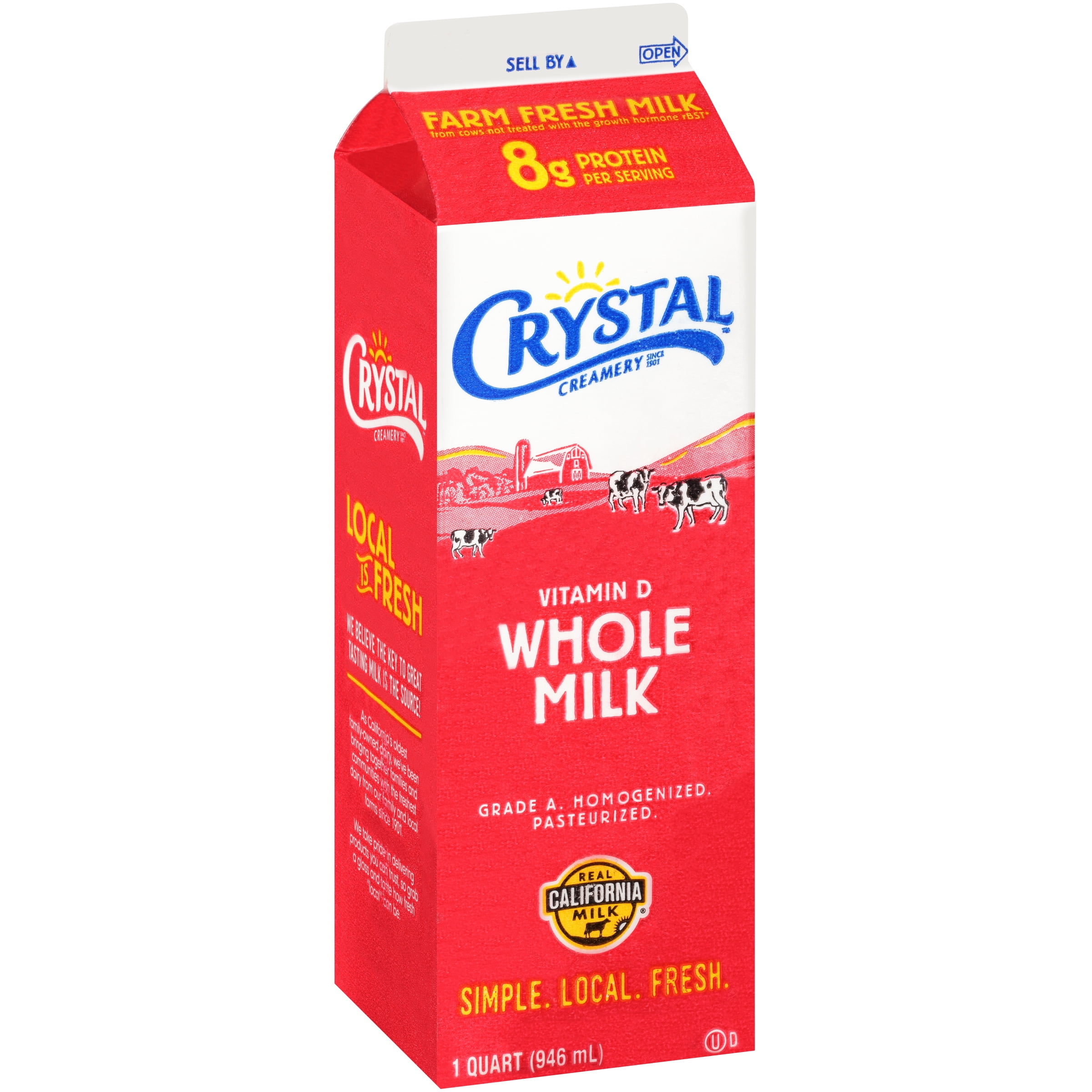 Crystal Creamery Whole Vitamin D Milk, 100% California, 32 fl oz Paper Carton