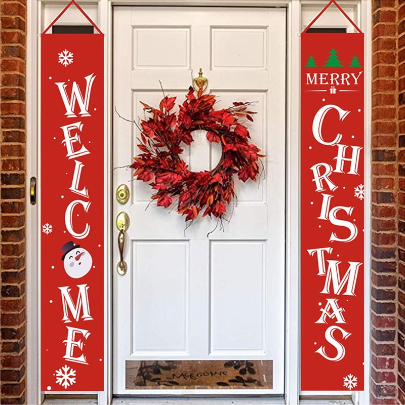 Merry Christmas Banners, Front Door Welcome Christmas Red Porch Sign Hanging Banner Xmas