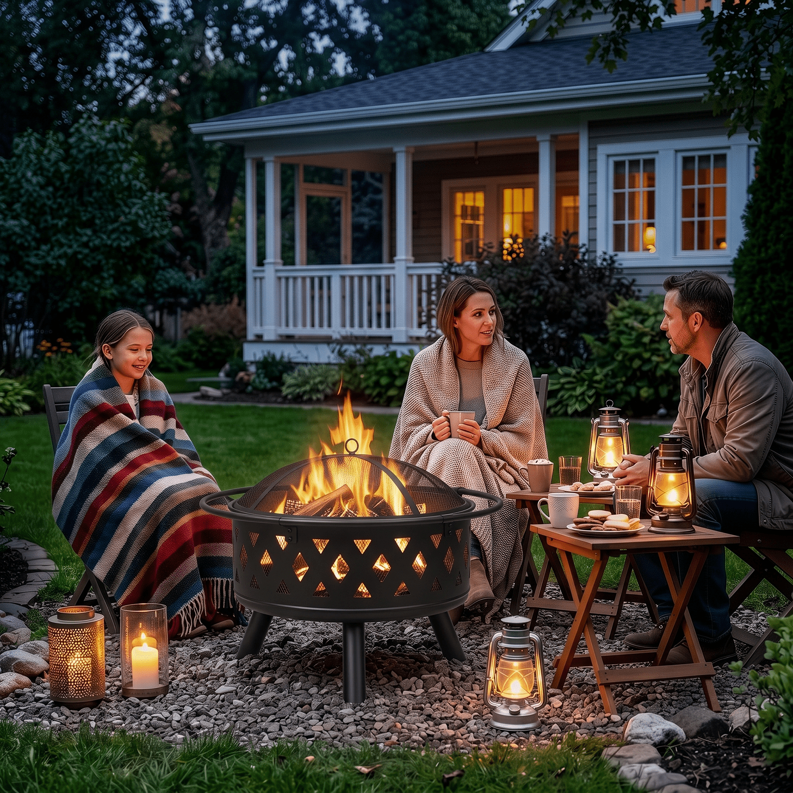 30 Inch Round Outdoor Wood Burning Fire Pit, Heavy Duty Wrought Iron Firepit with Hinged Spark Screen Lid & Lift Ring, Decorative Diamond Cutout Patio Fire Pit for Backyard, Garden, Lawn and Camping