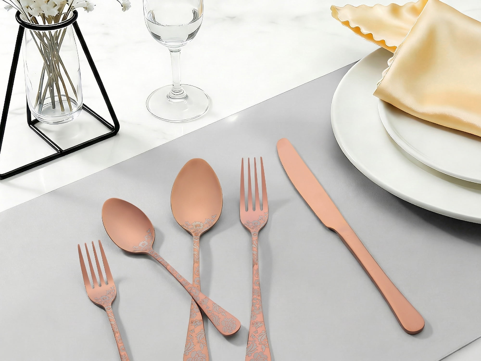 Unique Bargains 20 Pieces Floral Stainless Steel Flatware Set for 4 Rose Gold