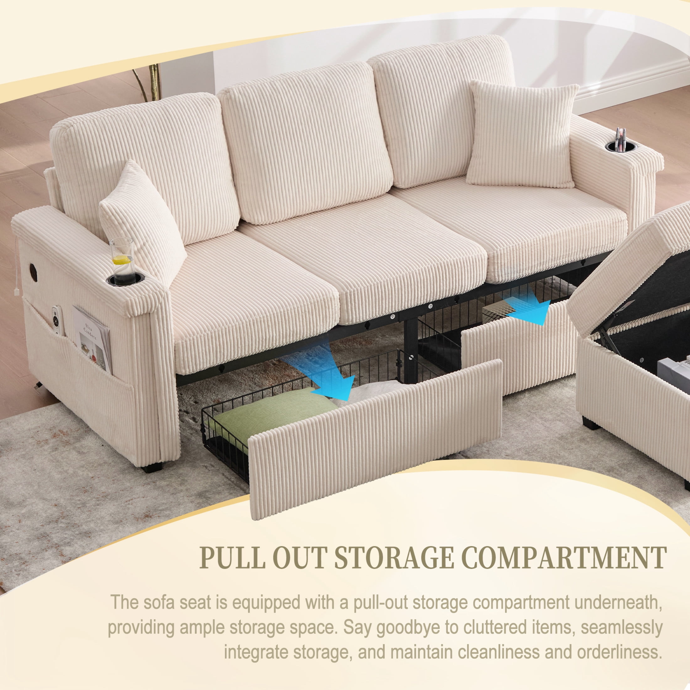 Noble House Elena 4-Seater L-Shaped Corduroy Sectional Sofa with Pull-Out Storage, Ottoman for Living Room, Beige