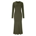 thumbnail image 6 of Elvqul Dresses for Women Slim Slit Dress Green Long Sleeve Solid Color Crew Neck Fashionable Ladies Maxi Dresses Winter, 6 of 8