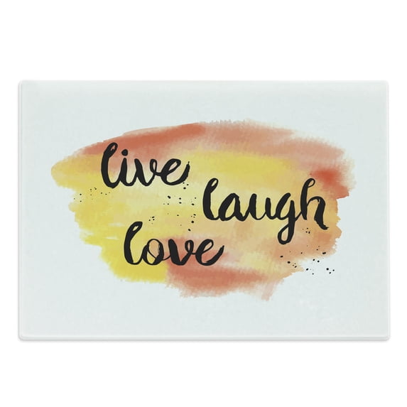 Live Laugh Love Cutting Board, Ink Painted Style Lettering on Soft Watercolors Inspiration Art, Decorative Tempered Glass Cutting and Serving Board, Large Size, Yellow Coral Black, by Ambesonne