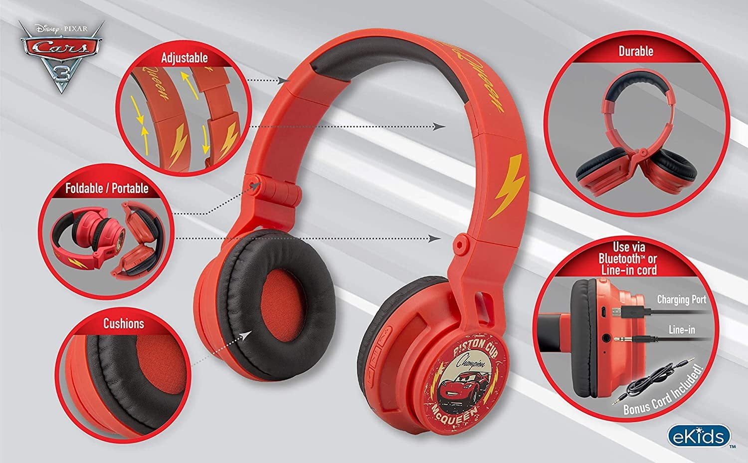 Cars 3 Bluetooth Headphones Disney Pixar Movie Wireless Kid Friendly Sound with Lightning McQueen Graphics