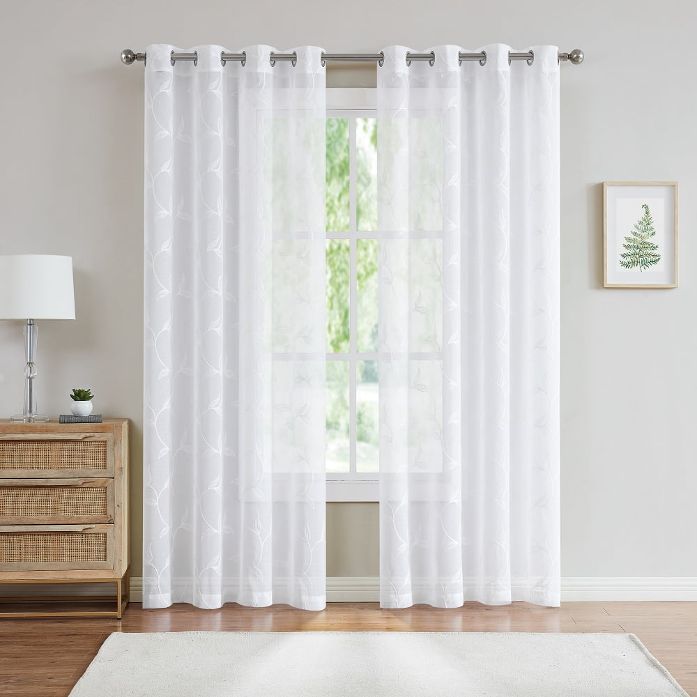 Warm Home Designs Pair of Standard Length 54" x 84" Sheer White Curtains with Silver Grey Leaf Embroidery. M Silver 84