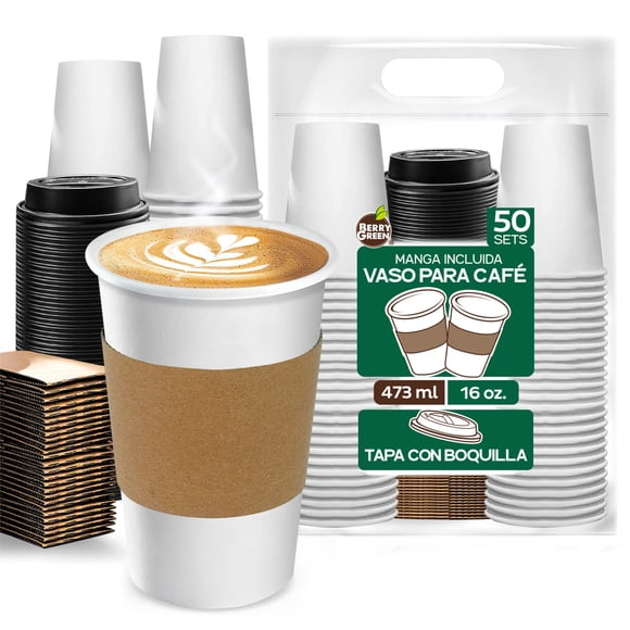 50 Vasos de Cartón 16 oz (473 ml) con Tapa y Manga Protectora - Vasos Térmicos para Bebidas Calientes - Kit de 50 Piezas Biodegradables Best Trading VCAF16