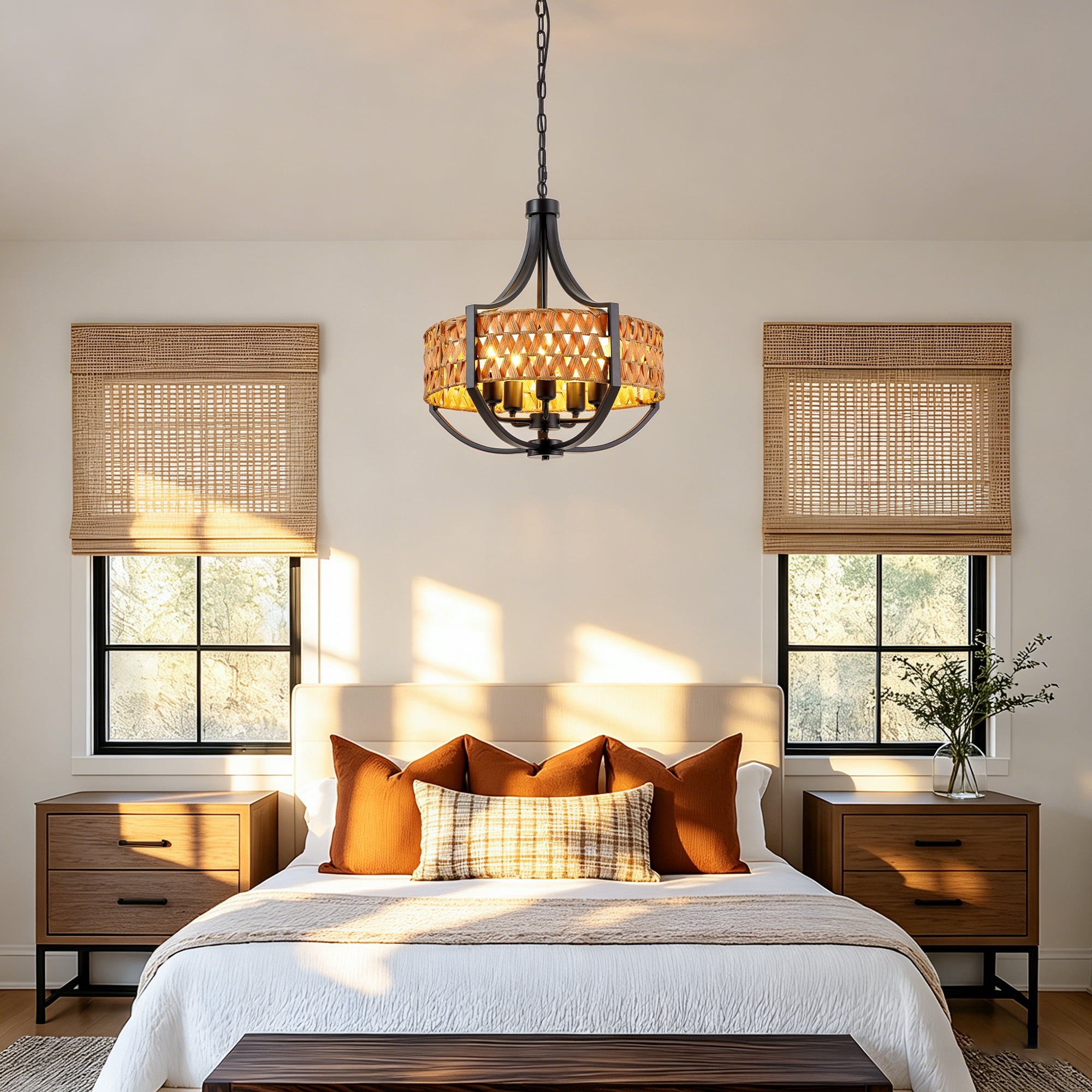 Leumius Rattan Chandelier, 5-Light Boho Chandelier with Natural Woven Reed Shade, Farmhouse Hanging Ceiling Light Pendant Light for Dining Room, Living Room, Foyer, Bedroom Hallway