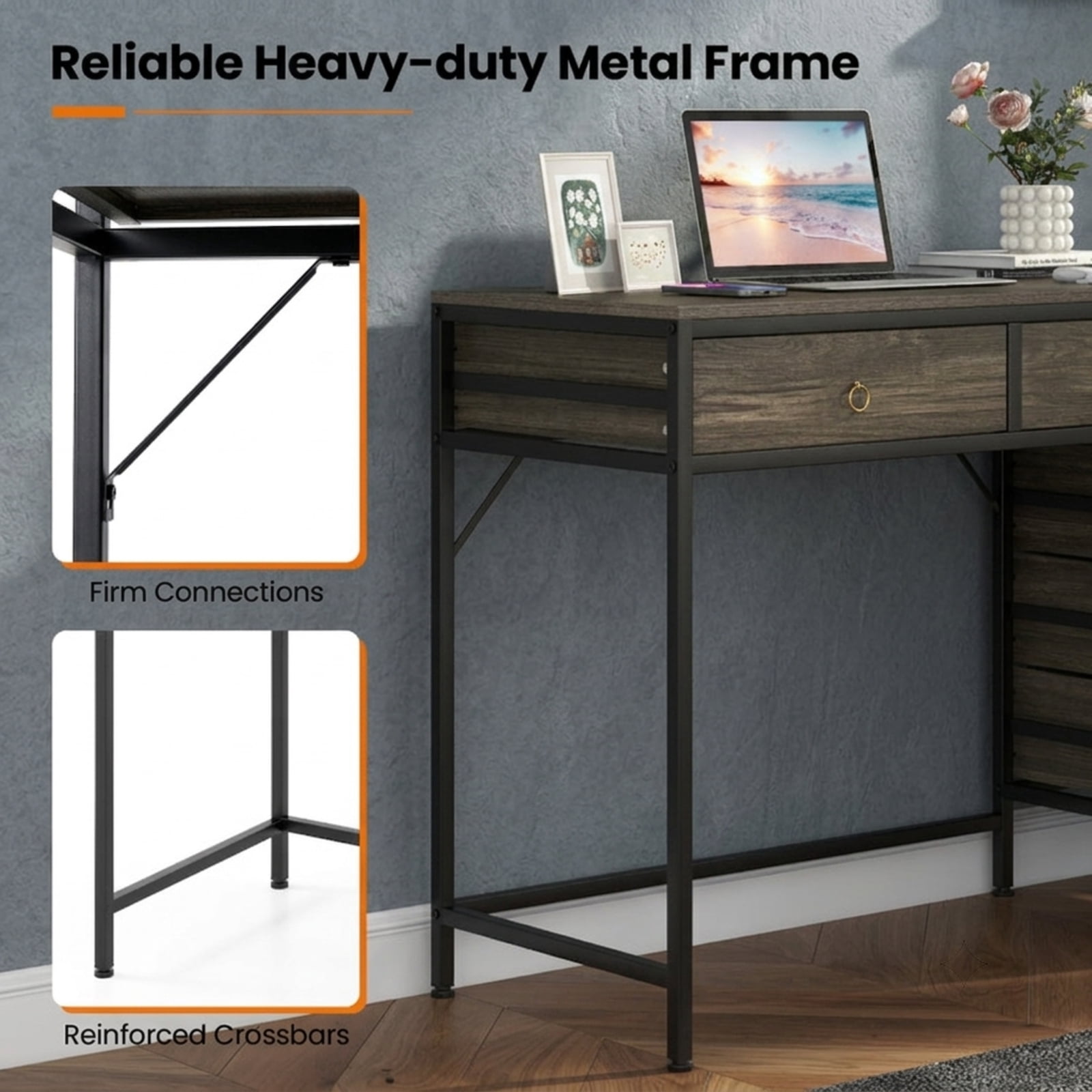 Furnibear Computer Desk with 5 Drawers, Home Office Desk with Side File Cabinet and Metal Frame for Study Writing Working, Grey
