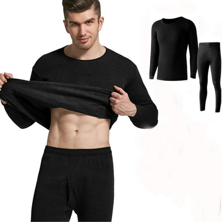 Mens Thermal Underwear Set Skiing Winter Warm Base Layers Tight Top & Bottom Set with Fleece Lined Black L