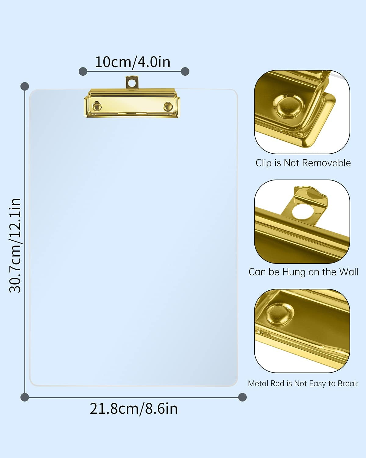 6 Pcs Thick Acrylic Clear Clipboards Cute Transparent Gold Clipboard with Strong Clip and Hidden Hanging Hole for A4 Paper, Art Student, Drawing, Office, School, Warehouse, Classroom