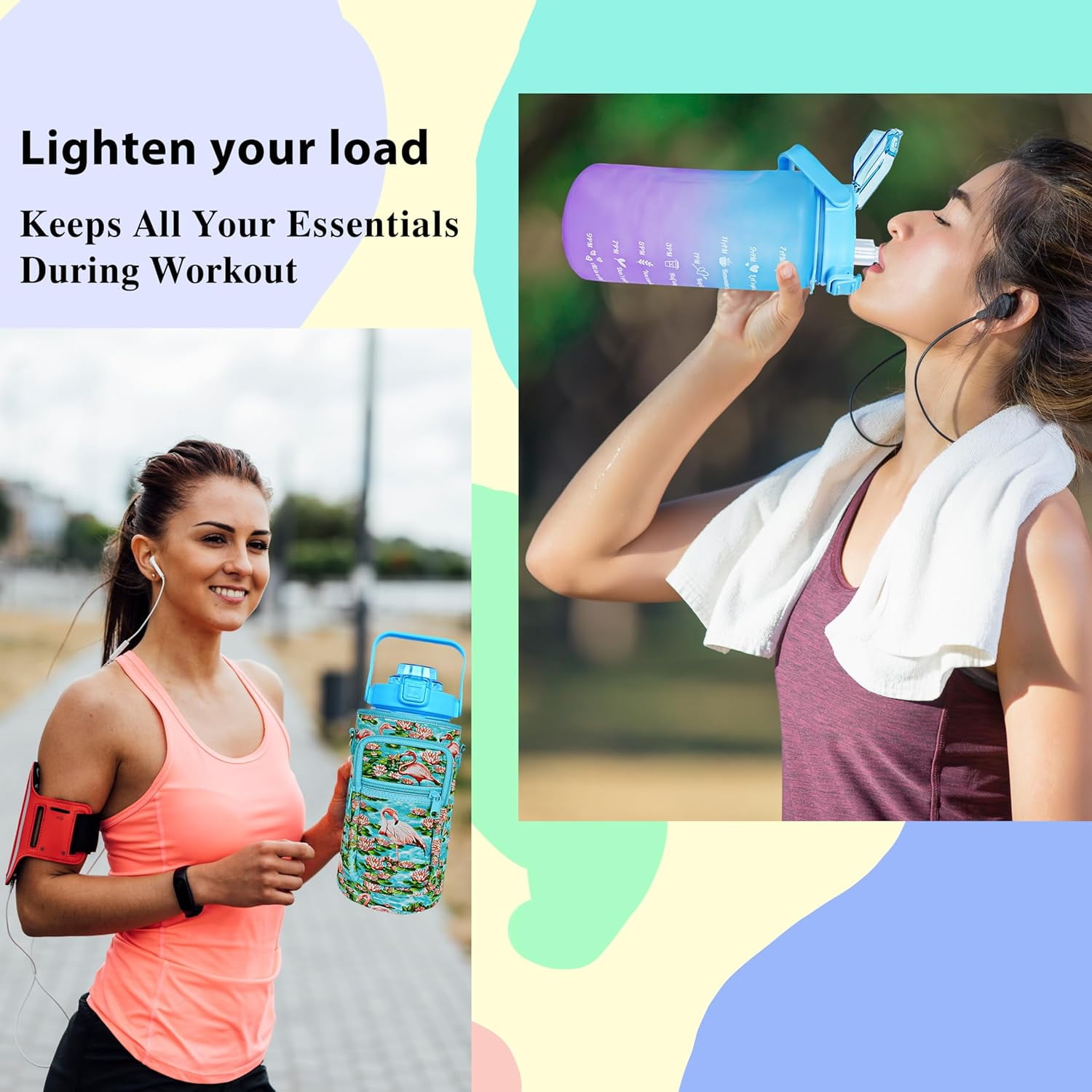 64 oz Water Bottle with Straw Sleeve & Strap Motivational BPA Free Half Gallon Water Jug with Handle for Gym Women Men Aesthetic Water Bottle with Strap Flamingo