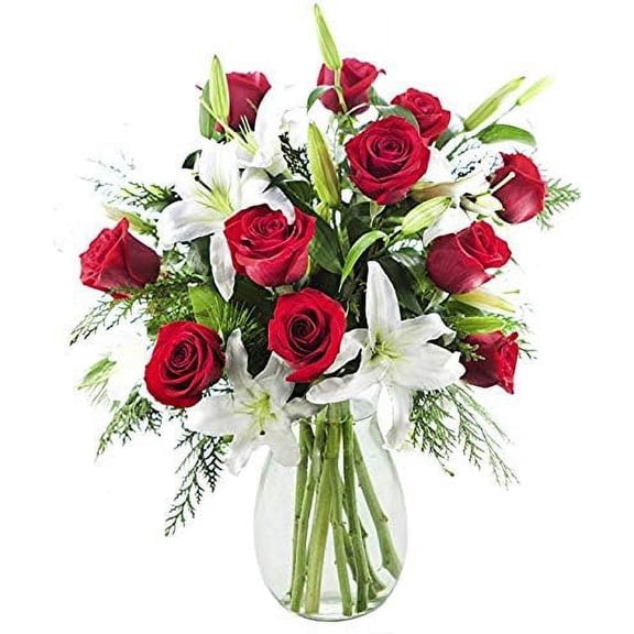 KaBloom : 8 White Oriental Lily 12 Red Rose with Lush Greens with Vase, Next-Day Delivery.