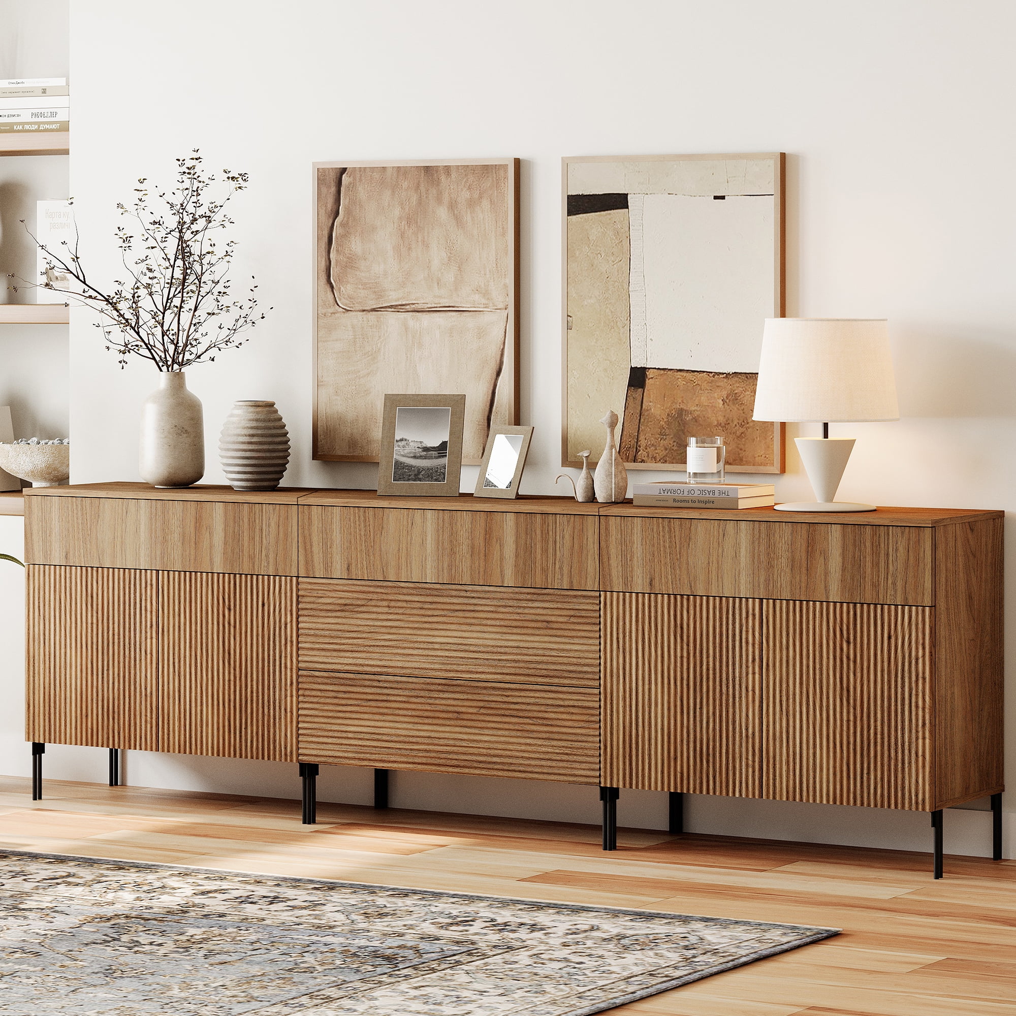 94.5" Reeded Accent Cabinet Set with Doors and Drawers, Modern Credenza Storage Cabinet with Metal Legs for Living Room, Kitchen, Dining Room, Hallway