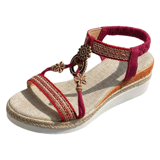 Women's Elastic Slingback Platform Sandals Lightweight Non Slip Wedge Beach Shoes Comfortable Heeled Slide with Back Strap Red Size 6.5
