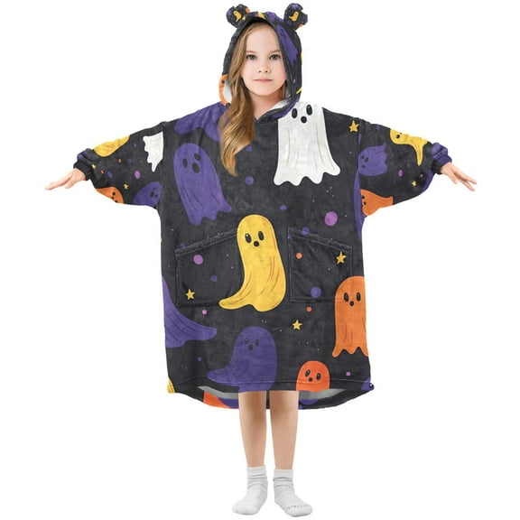 FORMRS Wearable Blanket Hoodie with Sleeves for Kids Cozy Flannel Sweatshirt, Halloween Colorful Ghosts
