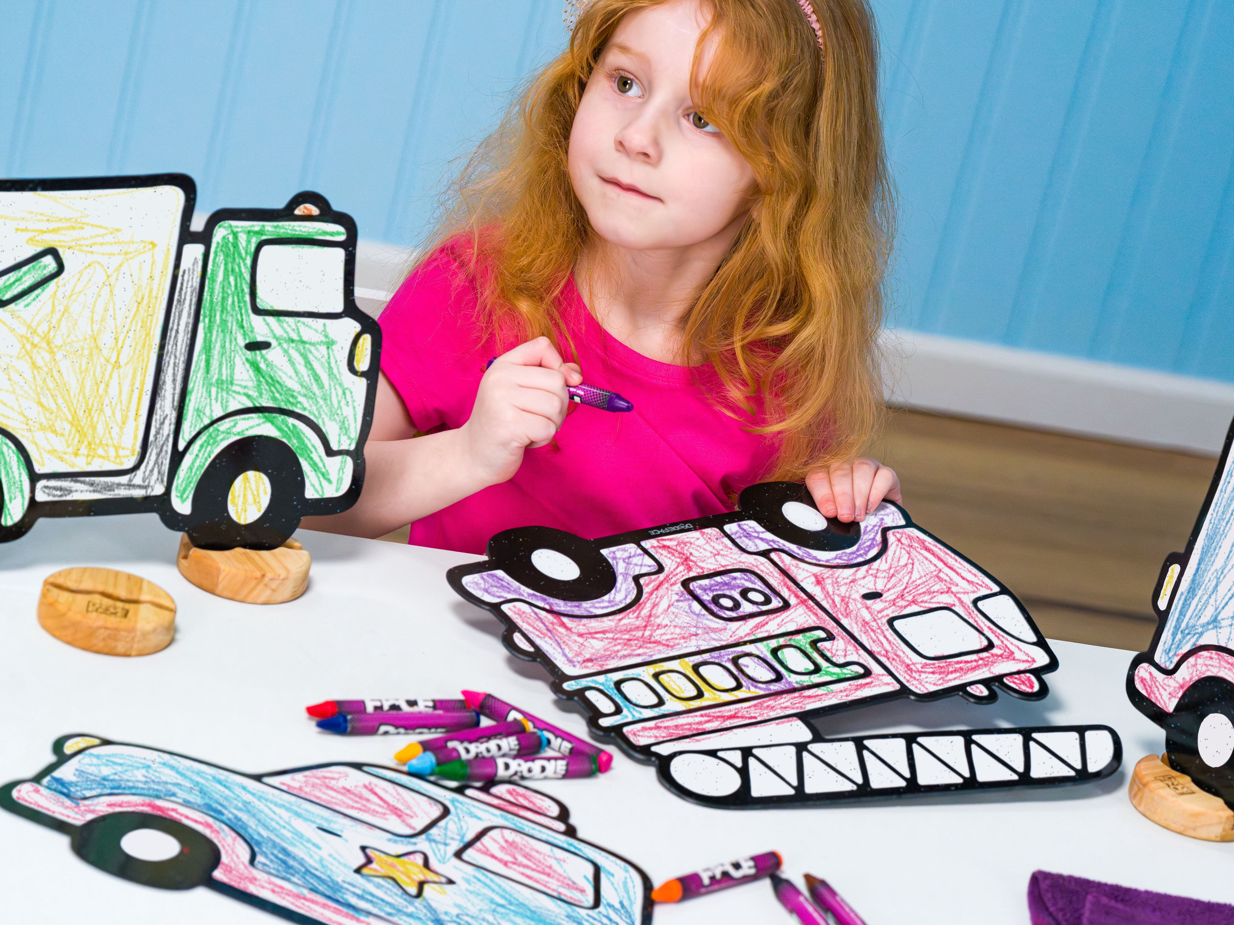 Trucks Toy Set for Kids: Color, Play, Wipe Away with Crayons and Eraser. Educational Reusable Coloring Toy with Ambulance, Fire Truck, Garbage Truck, Police Car.