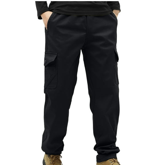 Yusimy Men's Solid Color Fleece-Lined Hiking Pants Elastic Waist Multi-Pocket Warm Outdoor Trousers