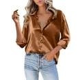 thumbnail image 2 of Dyfzdhu Satin Shirts for Women Silky Long Sleeve Button Down Shirt Casual V Neck Blouse Loose Business Work Tunic Tops Dressy Blouses Brown, 2 of 5