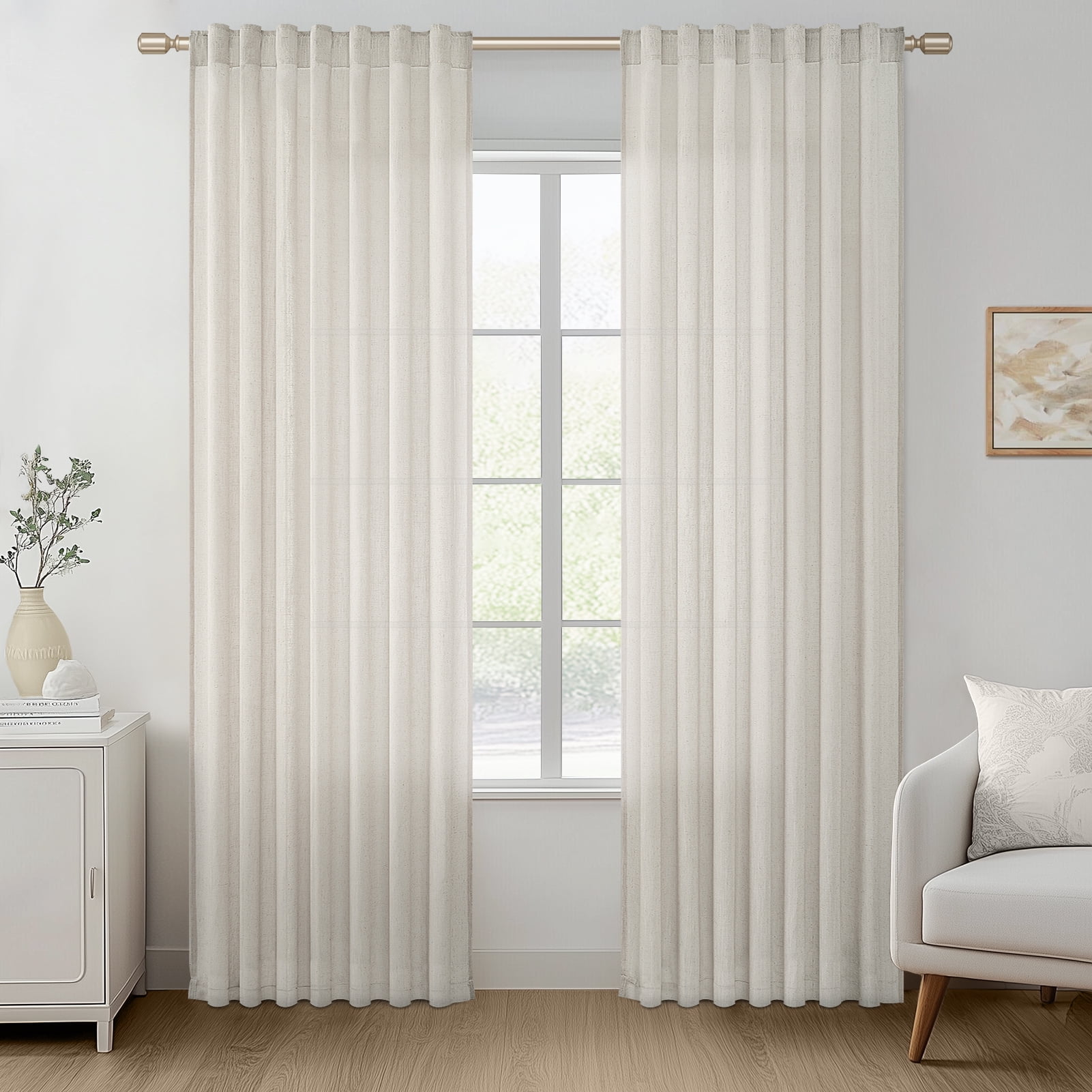 Topfinel Linen Curtains Soft Textured Semi Sheer Light Filtering Drapes Rod Pocket Back Tab Window Treatments for Living Room Bedroom, Beige, 50"x96", 2 Panels