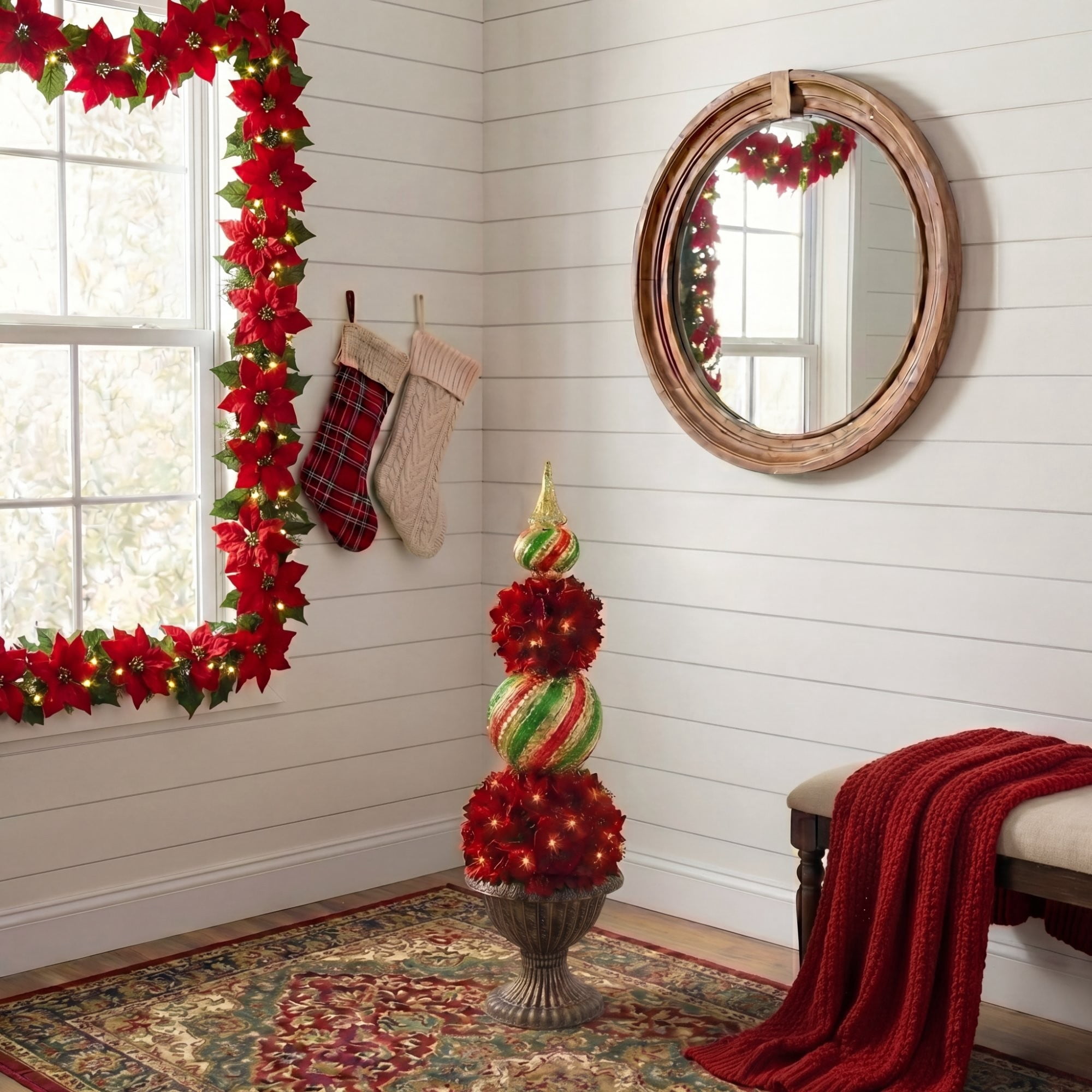 3ft. Pre-Lit Artificial Christmas Poinsettia Topiary Tree with Finial Ornament and 70 LED Lights in Decorative Urn