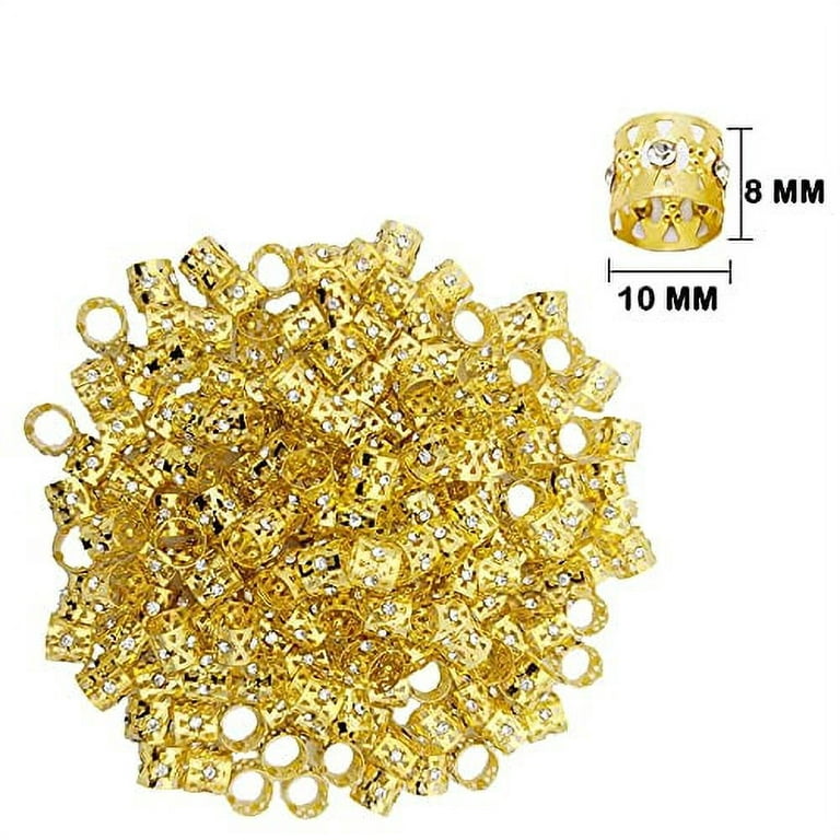 50PCS Gold Rhinestone Hair Ring Iron Dreadlock Beads Accessories Hair  Jewelry With 100 pcs Mini Rubber Bands for Women Braids Cuff Clip (A) 