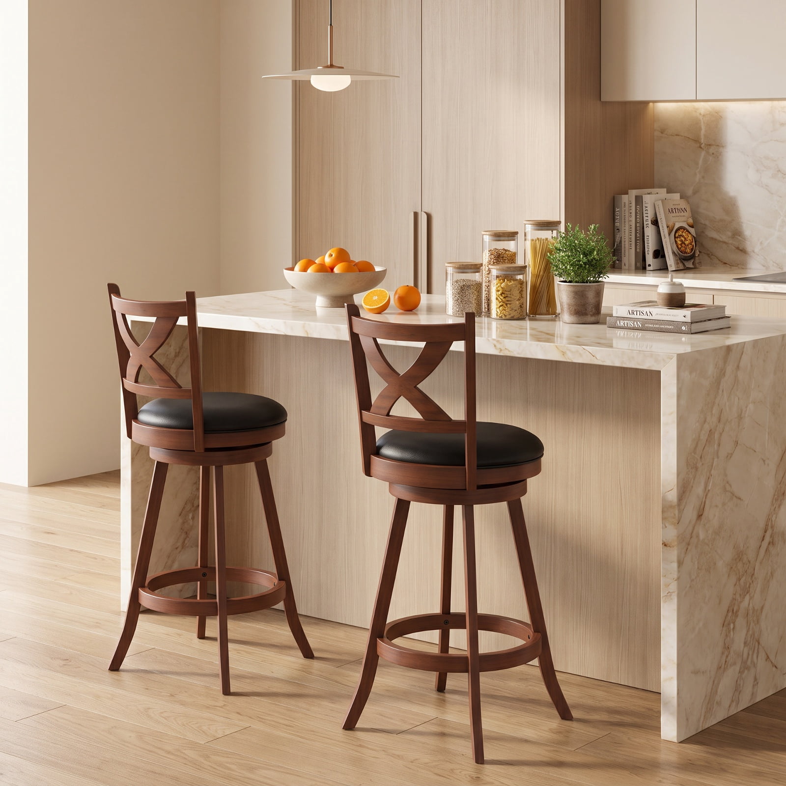 Furnibear 2 Pieces Classic Counter Height Swivel Bar Stool Set with X-shaped Open Back-30 Inch for Kitchen Island Counter Bar Pub Dining, Espresso