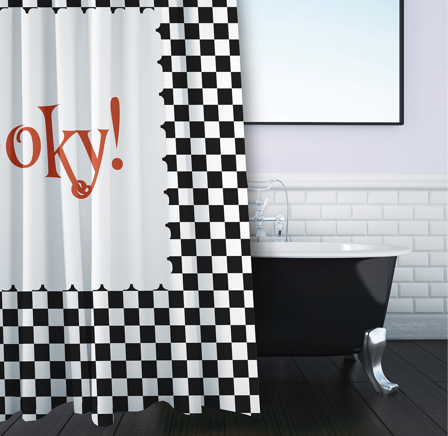Simply Daisy 70" W x 73" L Halloween Spooky Checks Polyester Shower Curtain, Black [1 Ct]