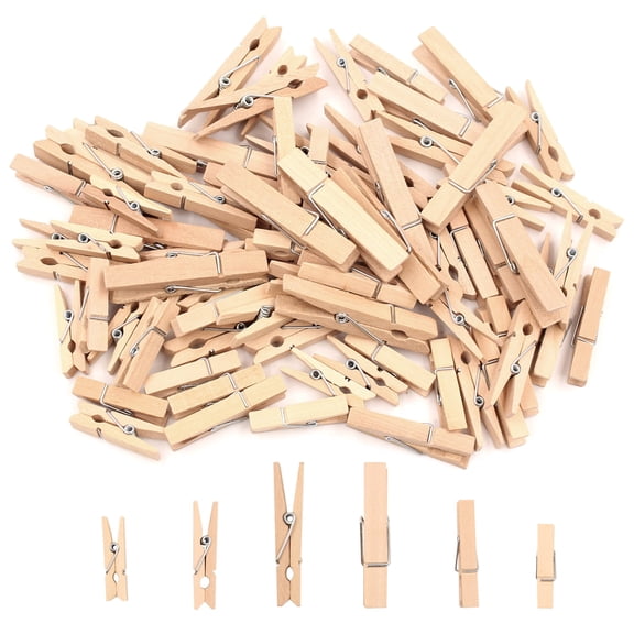 Style-Carry 100 Count Wood Mixed Size Spring Clothespins Bulk Pack, Wooden Coil Spring Clips for Laundry Photo Craft Hanging Décor
