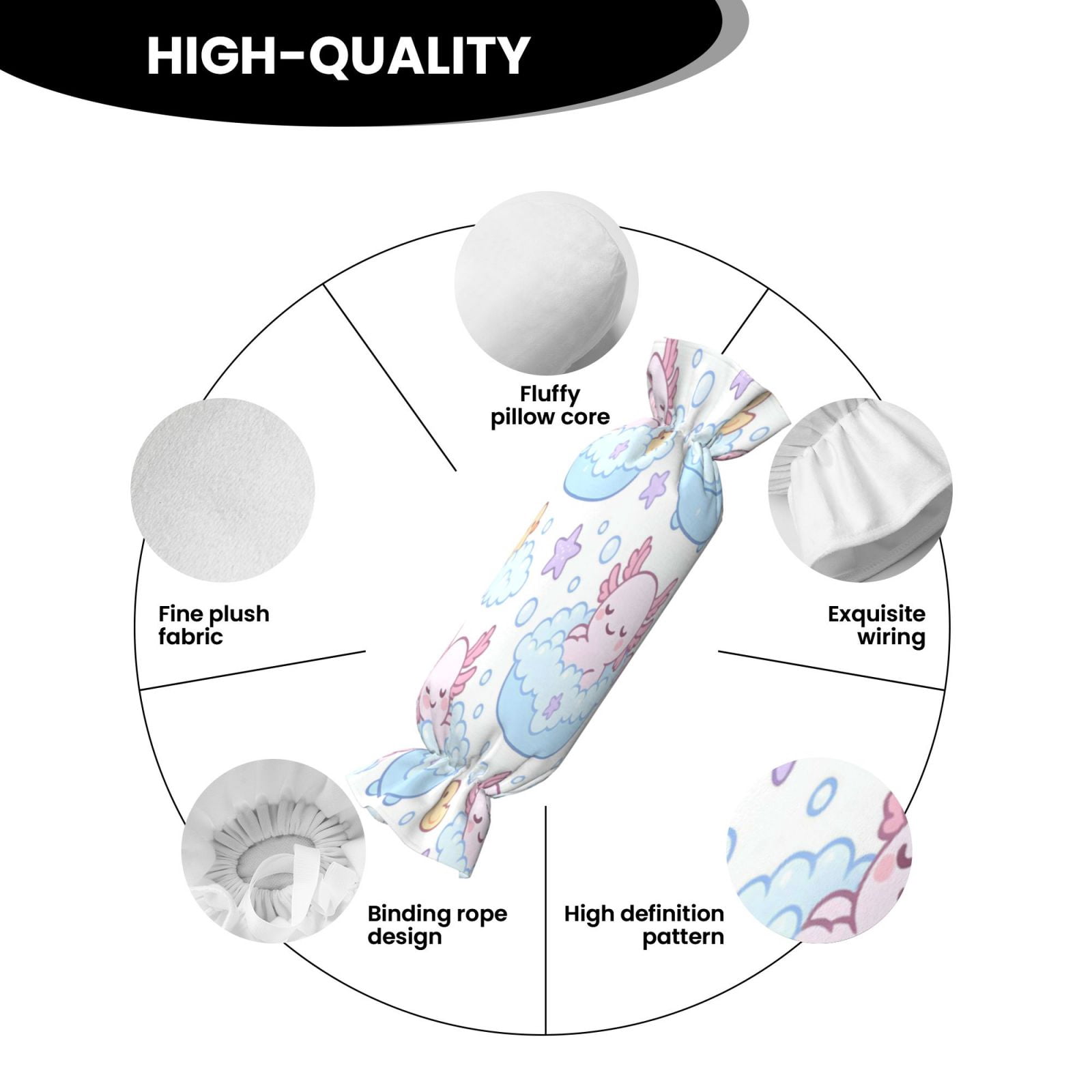 Candy Throw Pillow Travel Cervical Pillow Cylindrical Neck Body Cushion With Insert For Bed Couch Home Decor 9.8x24.4in Bubble Bath Axolotls - Pastel Daydream