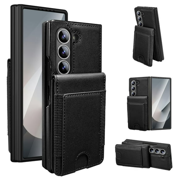 ELEHOLD Slim Faux Leather Case for Samsung Galaxy Z Fold 4, PU Leather Card Holder Flip Stand Shockproof Wallet Case With Front Tempered Glass for Samsung Galaxy Z Fold 4,Black