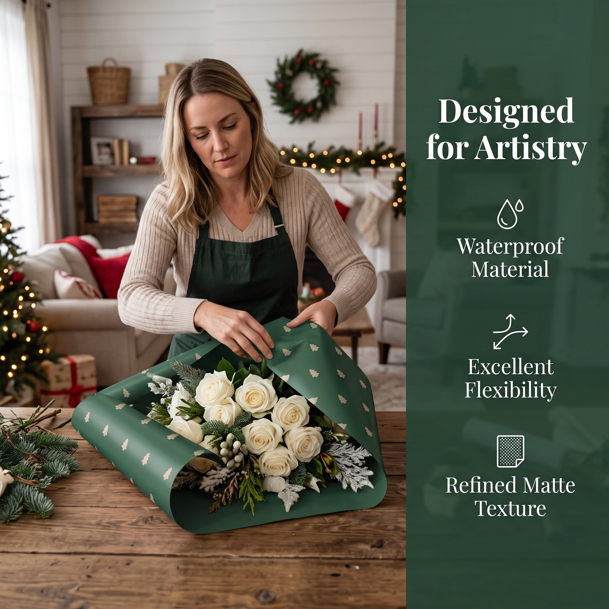 Unique Bargains Waterproof Matte Gift Wrap Paper for Bouquets Green Trees 22"x 22"