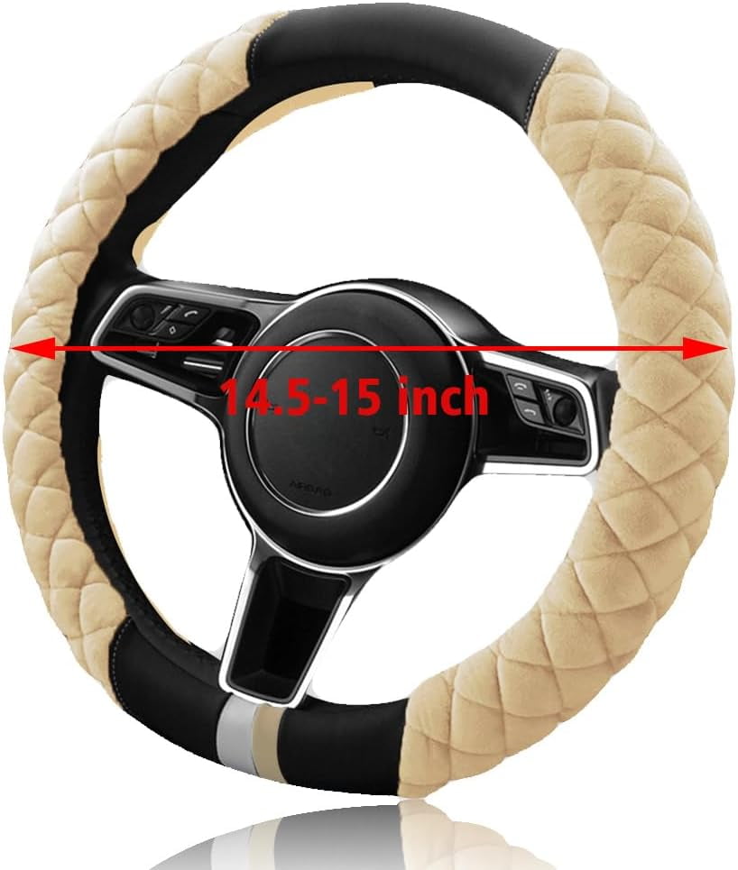 Universal 15 Inches Car Steering Wheel Cover Fluffy Winter Plush Steering Wheel Cover, Beige