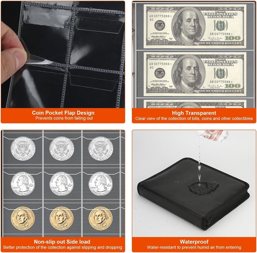 NOGIS Fireproof Coin Collection Book Holder for Collectors,360 Pockets Coins Collecting Album & 36 Sleeves Currency Storage Case for Coin Collection Supplies,Bill,Pennies, Quarters,Stamp