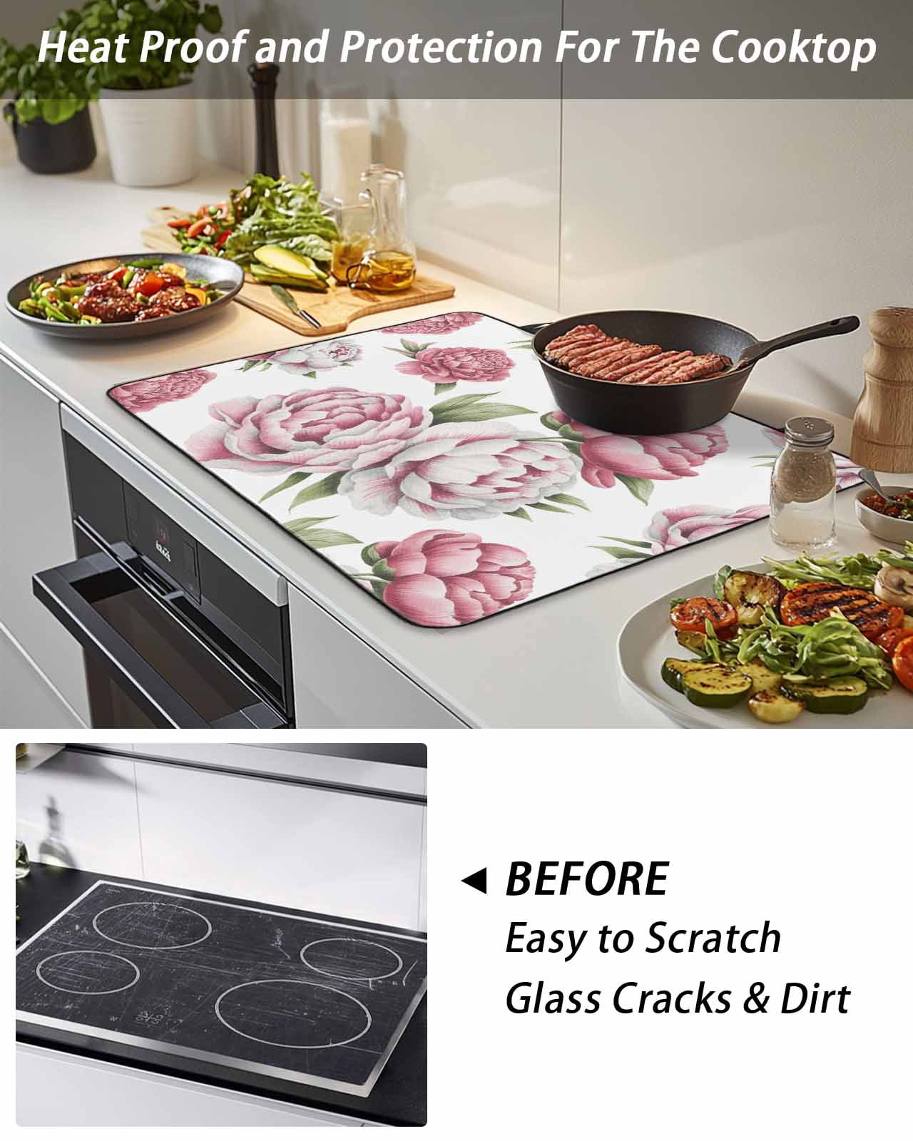 Stove Top Covers for Electric Stove, Pink Floral Glass Stovetop Cover Protector, Spring Summer Modern Flower Leaf Induction Cooktop Protector Oven Mat for Kitchen Countertop 24"x21"
