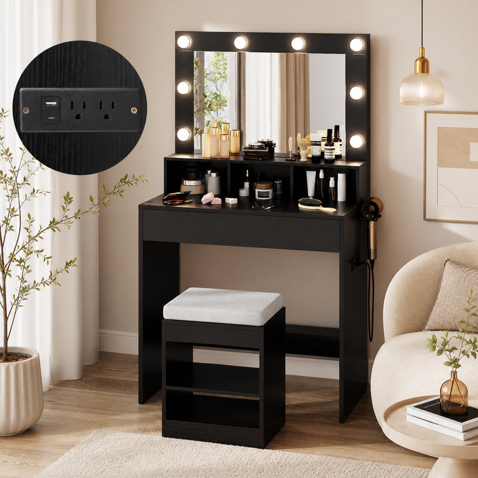 Furnibear Vanity Table Set with Lighted Mirror and Cushion Stool for Bedroom Makeup Dressing Room Vanity Desk Mirror Set, Black