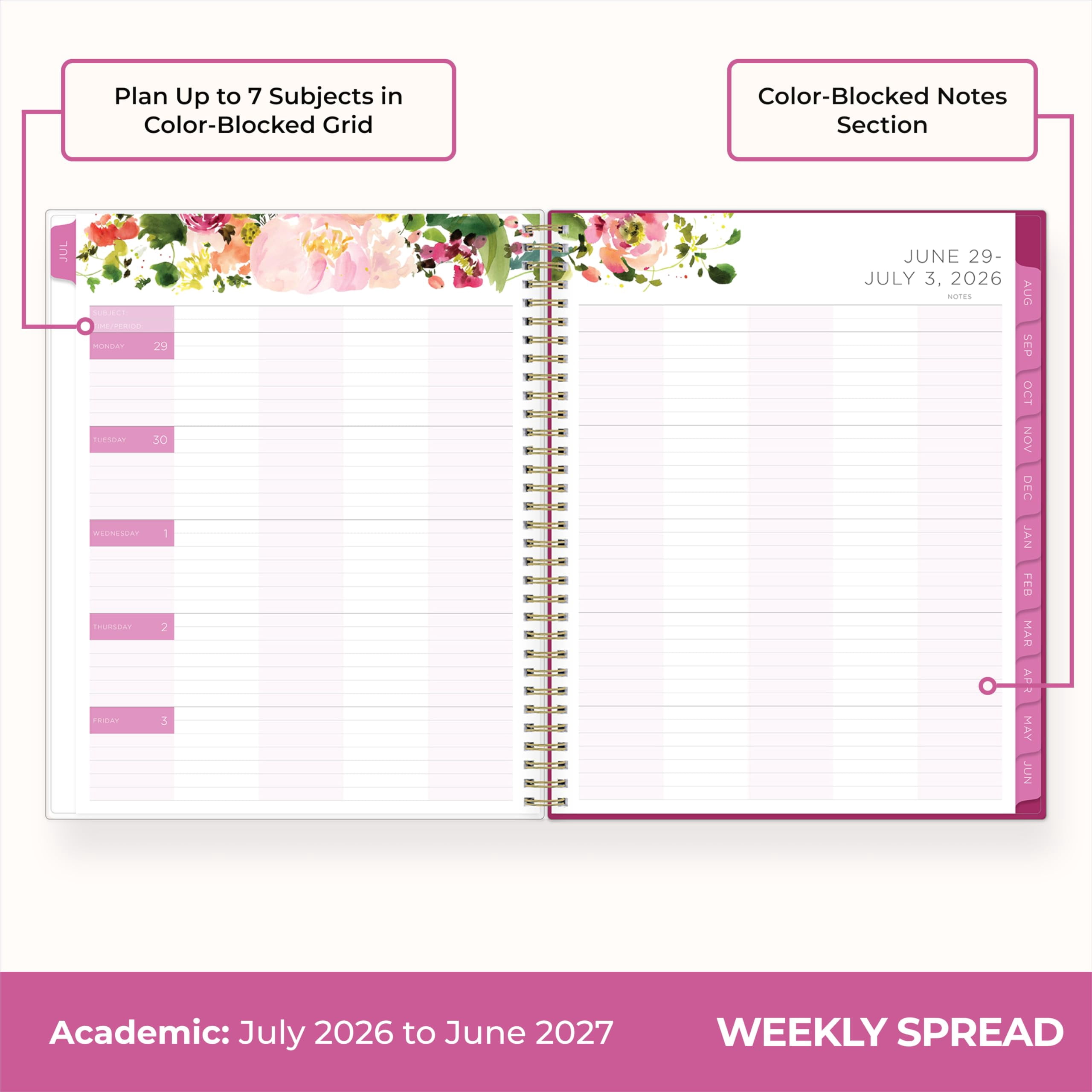 Blue Sky Kelly Ventura 2026-2027 Weekly and Monthly Academic Year Teacher Lesson Planner Calendar, July 2026 - June 2027, 8.5" x 11", Magnetic & Snap In Book Marks, Stickers, Summertime Brights