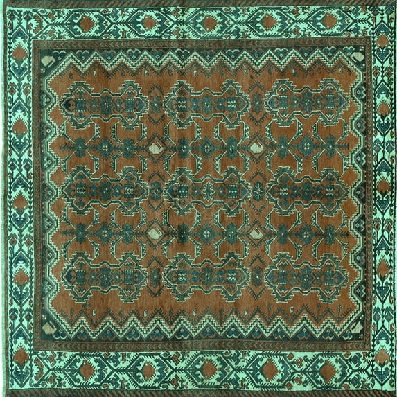Ahgly Company Machine Washable Indoor Square Persian Turquoise Blue Traditional Area Rugs, 7' Square