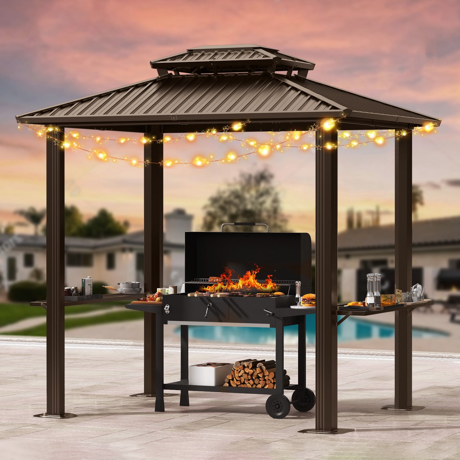 COBIZI 6’x 8’ Hardtop Aluminum Grill Gazebo with Double Roof, Outdoor BBQ Gazebo Canopy with 2 Side Shelves, Galvanized Steel Roof for Enhanced Patio, Lawn, Backyard BBQ Experience, Brown