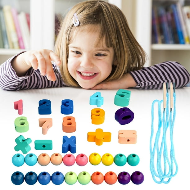 Set de cuentas de cordones de madera • Bloques de construcción de cuentas grandes • Juguete de encordado Montessori • Madera natural, pintura a base de agua • Rompecabezas para aprendizaje temprano