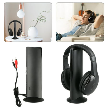 TSV 5 in 1 Headset Wireless Headphones Earphones Cordless RF Radio Mic w/ Holder Stand for PC TV DVD CD MP3 (Best Cordless Headphones For Tv)