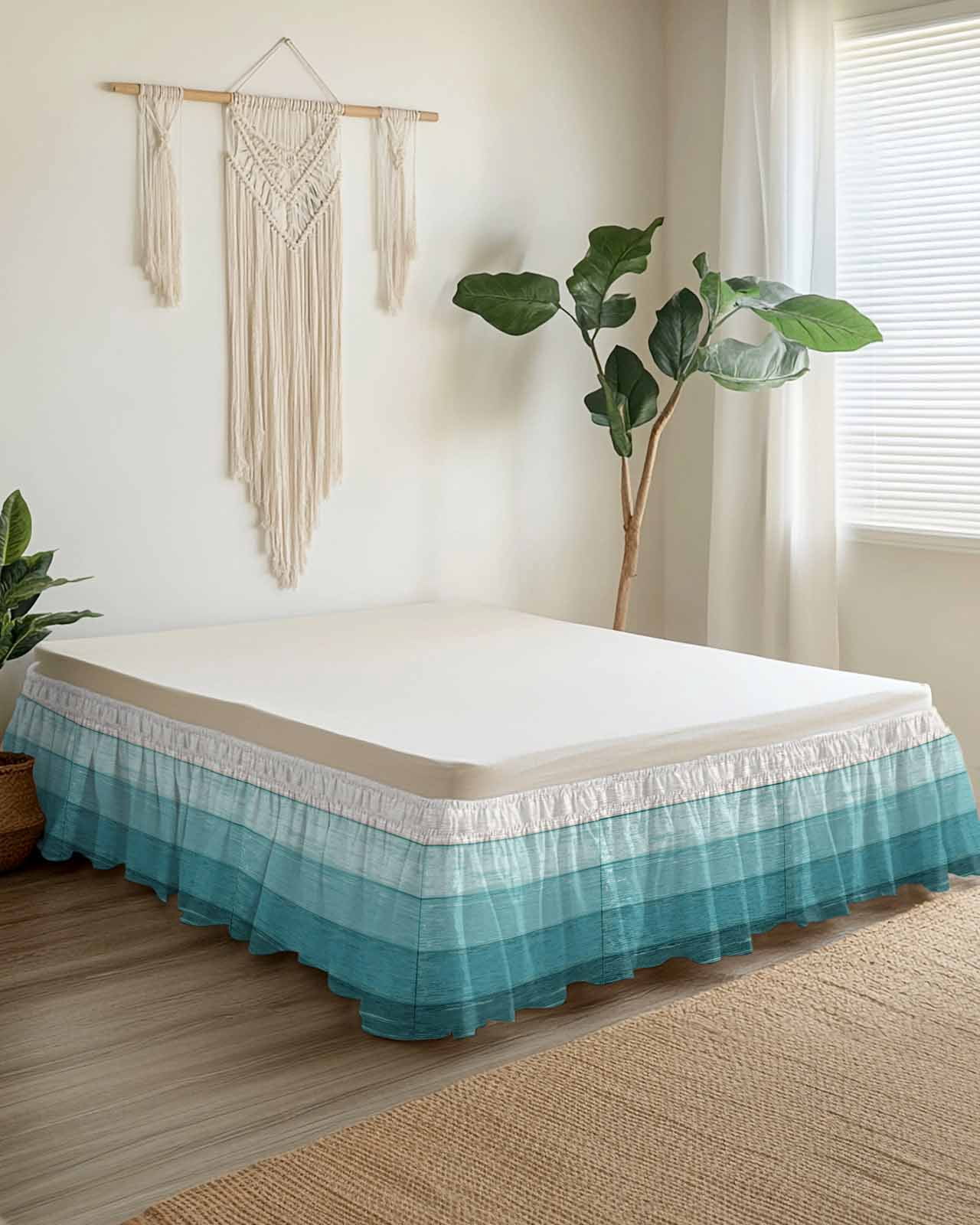 Rustic Stripes Bed Skirt Aqua Gradient Farmhouse Wood Grain Bed Skirts King Size 18 Inch Drop, Wrap Around Dust Ruffle&nbsp;Bedskirt with Adjustable Elastic Belt for Queen Size Beds