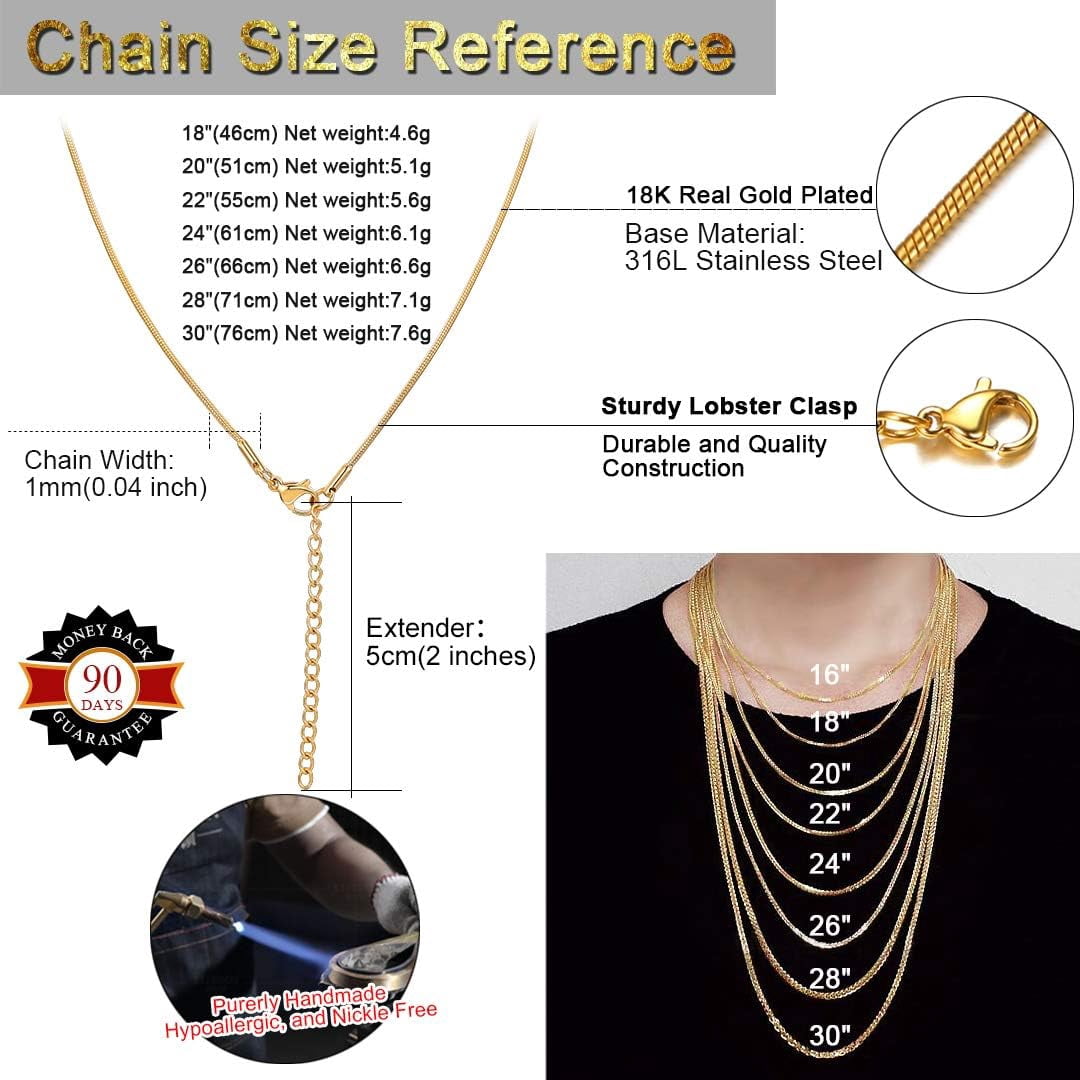 ChainsHouse 1.0mm Thin Gold Plated Snake Chain Necklaces for Women Men Waterproof Silver Lobster Clasp 18"-30" Jewelry Gift