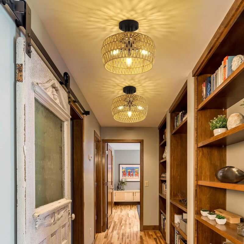 Semi Flush Light, Rattan Fixture Mount with Handmade Wicker Lampshade, 3-Lights Boho Chandelier, Woven Close to Ceiling Light for Bedroom Hallway Living Room Kitchen