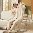 thumbnail image 4 of Jinhomg Winter Flannel Sleepwear for Women 2 Piece Thick Warm Pajamas Sets Soft Cozy Long Length Button Down Hooded Cardigan and Pants Beige L, 4 of 10