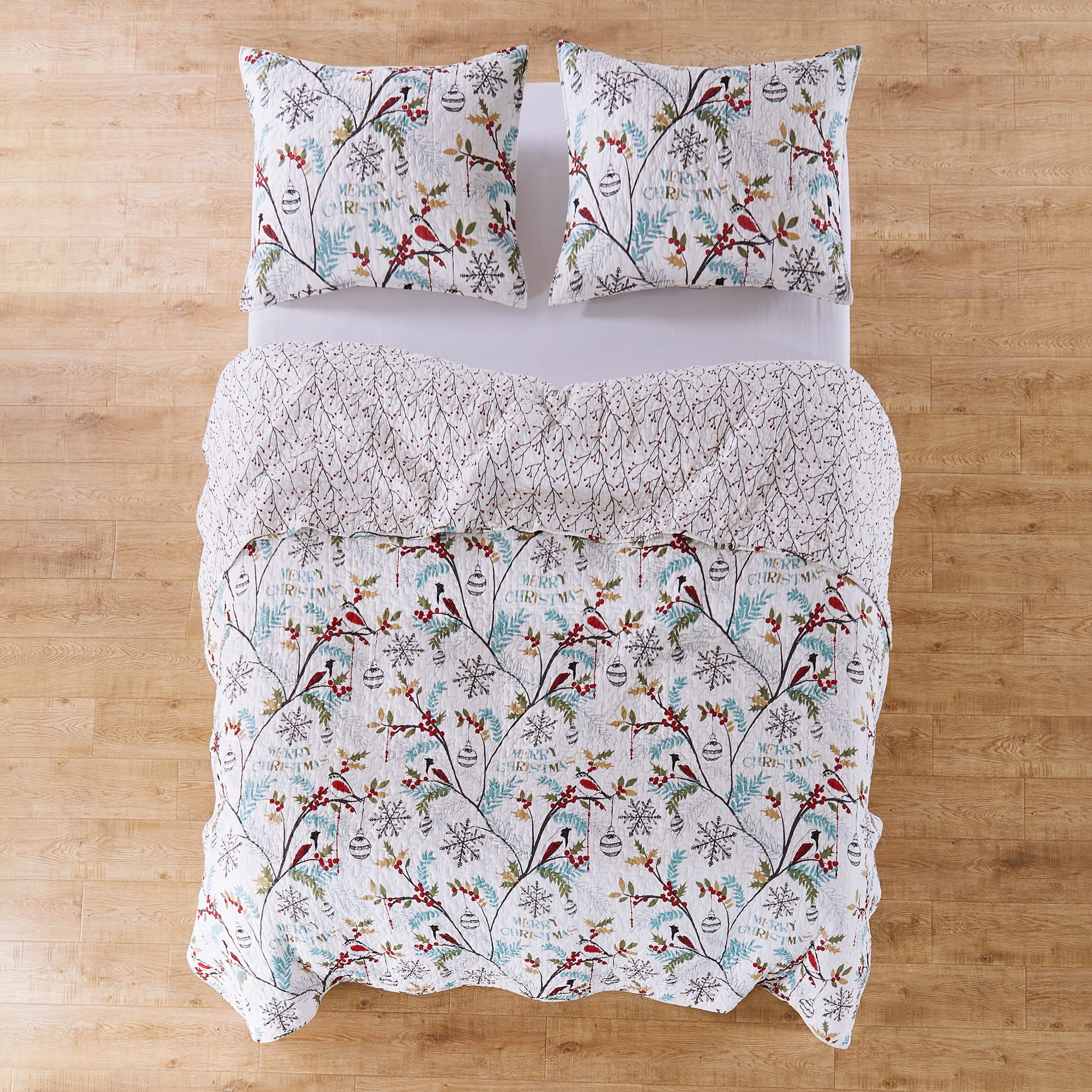 Levtex Home - Holly Quilt Set - Full/Queen Quilt + Two Standard Pillow Shams - Christmas Trees - Teal Red Green White - Quilt Size (88x92in.) and Pillow Sham Size (26x20in.) - Reversible - Cotton