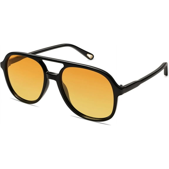 Retro Polarized Aviator Sunglasses Womens Mens Classic 70s Vintage Trendy Square Aviators-Dark Black/Yellow Tint