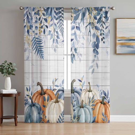Orange Blue Fall Thanksgiving Sheer Curtains 96 Inch Length 2 Panels Set, Eucalyptus Leaves Vintage Voile Window Treatment Semi Sheer Long Curtains Drapes for Bedroom/Living Room/Kitchen 52"x96"x2