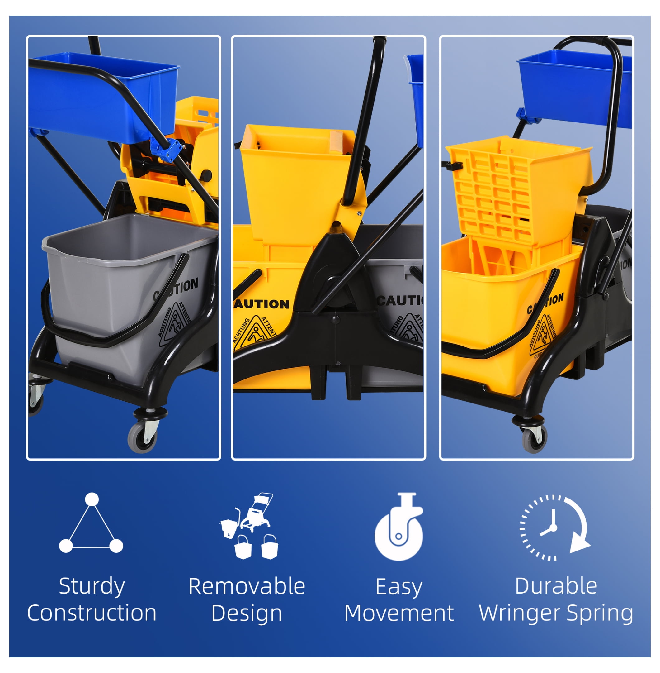 6.9 Gallon Mop Water Bucket Wringer Cart with Easy to Use Side Press Wringer, Smooth Wheels, Mop-Handle Holder
