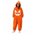thumbnail image 2 of Couple Matching Pumpkin Onesie, Matching Pumpkin Plush Onesie Jumpsuit, Full Body Coral Fleece Halloween Couple Costume With 3D Stem Hood, Classic Jack O Lantern Face Graphic Loungewear, Beige L, 2 of 5